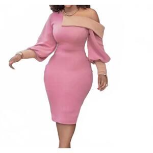 NEW METAMORPHOSIS nicole off shoulder contrast color block midi dress in light p